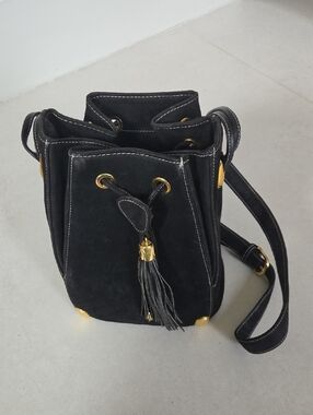 Black Suede Drawstring Tassel Crossbody Bag with Gold Hardware